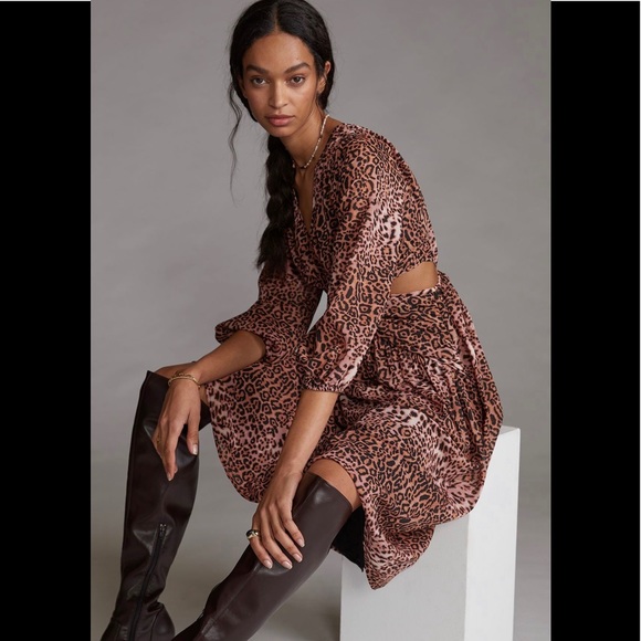 Anthropologie Floral Cut Out Midi Dress Brown Motif Brown animal print XSP NWT - Picture 17 of 17